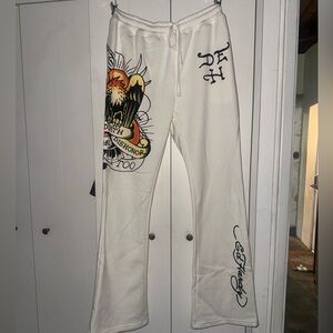 Cream Ed Hardy Graphic Sweatpants with Bold Eagle Design